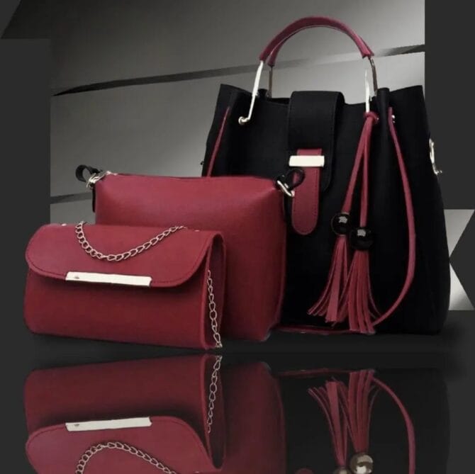 3 Pcs Women's Leather Plain Hand Bag Set