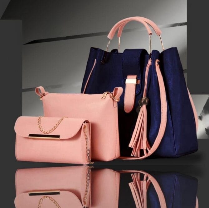 3 Pcs Women's Leather Plain Hand Bag Set