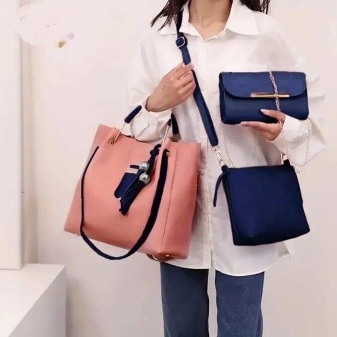 3 Pcs Women's Leather Plain Hand Bag Set