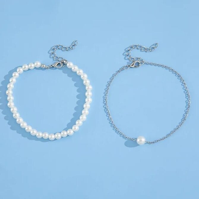 2 Pcs Alloy Silver Plated Pearl Stone Anklet