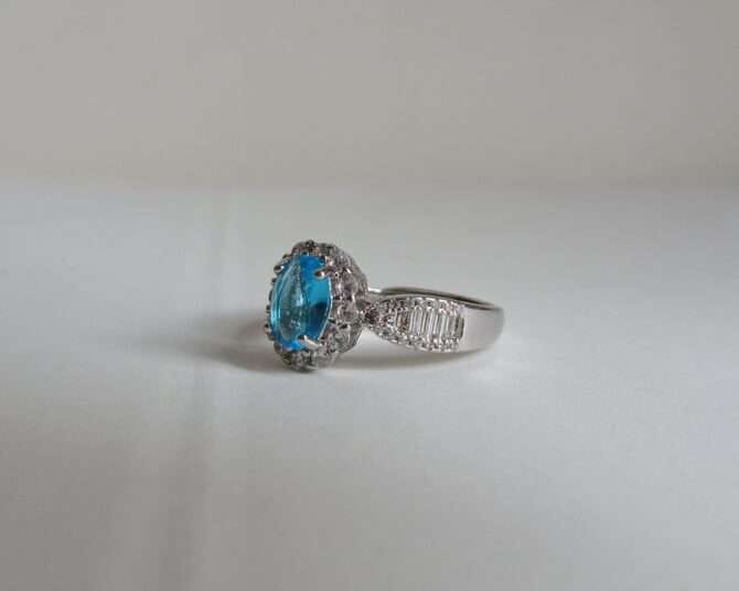 Rhodium-Plated Italian Design Ring with Imitation Crystal Sapphire