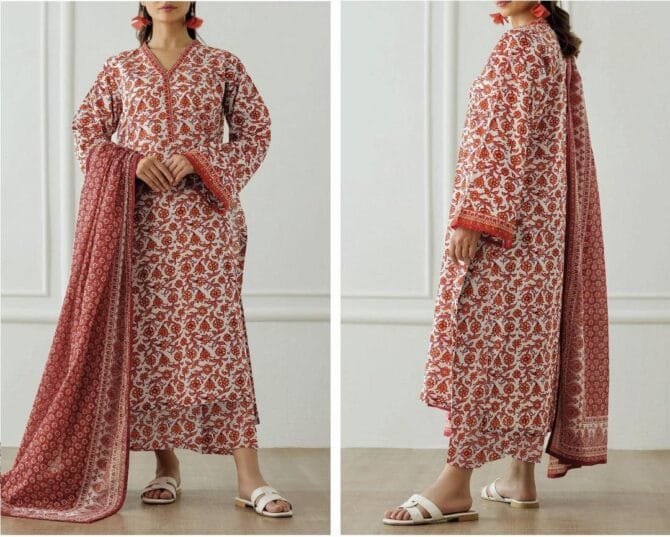 Vibrant Orange 3-Piece Lawn Suit