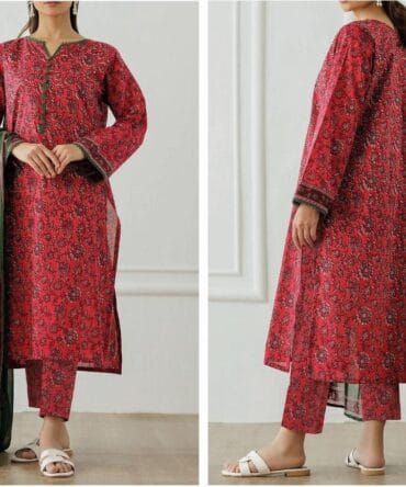  Elegant Red 3-Piece Printed Lawn Suit