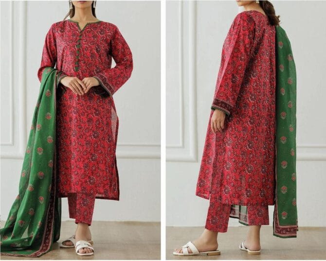  Elegant Red 3-Piece Printed Lawn Suit