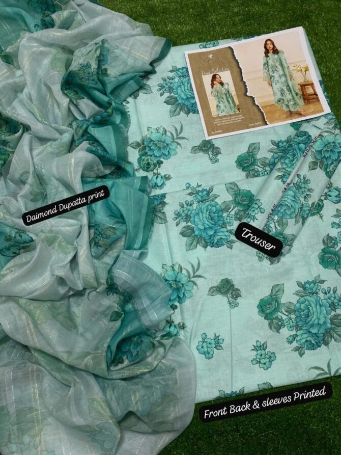 Vibrant Turquoise Lawn 3-Piece Suit with Digital Prints