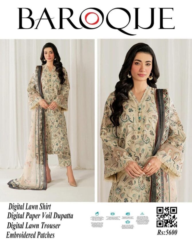 Elegant Off White Lawn 3-Piece Suit with Embroidered Daman