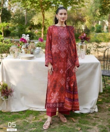Red Printed Lawn Suit with Embroidered Neckline